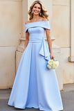 Light Blue Satin A Line Off the Shoulder Wedding Dress