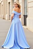 Light Blue Satin A Line Off the Shoulder Wedding Dress