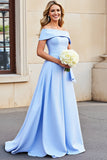 Light Blue Satin A Line Off the Shoulder Wedding Dress