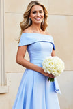 Light Blue Satin A Line Off the Shoulder Wedding Dress