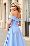 Light Blue Satin A Line Off the Shoulder Wedding Dress