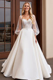Ivory Satin Tulle 3/4 Sleeves Lace A Line Wedding Dress