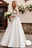 Ivory Satin Tulle 3/4 Sleeves Lace A Line Wedding Dress
