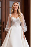 Ivory Satin Tulle 3/4 Sleeves Lace A Line Wedding Dress