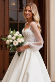 Ivory Satin Tulle 3/4 Sleeves Lace A Line Wedding Dress