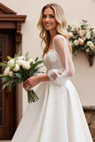 Ivory Satin Tulle 3/4 Sleeves Lace A Line Wedding Dress