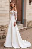 Lace Ivory Off the Shoulder A Line Satin Wedding Dress