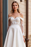 Lace Ivory Off the Shoulder A Line Satin Wedding Dress