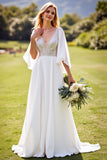 lvory A Line 3/4 Sleeves Lace Long Wedding Dress