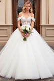 lvory A Line Off The Shoulder Appliqued Tulle Long Wedding Dress