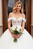 lvory A Line Off The Shoulder Appliqued Tulle Long Wedding Dress