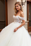 lvory A Line Off The Shoulder Appliqued Tulle Long Wedding Dress