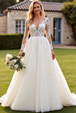 lvory A Line Long Sleeves Lace Appliqued Wedding Dress