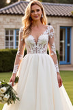 lvory A Line Long Sleeves Lace Appliqued Wedding Dress