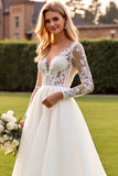 lvory A Line Long Sleeves Lace Appliqued Wedding Dress