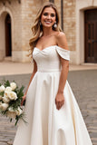 lvory A Line Off The Shoulder Satin Long Wedding Dress