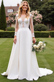 A Line lvory Long Sleeves Lace Appliqued Wedding Dress