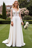 A Line lvory Long Sleeves Lace Appliqued Wedding Dress