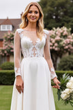 A Line lvory Long Sleeves Lace Appliqued Wedding Dress