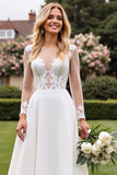 A Line lvory Long Sleeves Lace Appliqued Wedding Dress