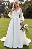Long Sleeves lvory A Line Pleated Wedding Dress