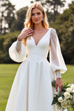 Long Sleeves lvory A Line Pleated Wedding Dress