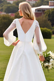 Long Sleeves lvory A Line Pleated Wedding Dress