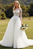 Long Sleeves lvory A Line Lace Appliqued Wedding Dress