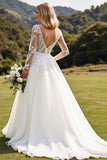 Long Sleeves lvory A Line Lace Appliqued Wedding Dress