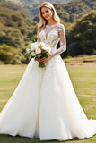 Long Sleeves lvory A Line Lace Appliqued Wedding Dress
