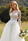 Long Sleeves lvory A Line Lace Appliqued Wedding Dress