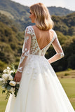 Long Sleeves lvory A Line Lace Appliqued Wedding Dress