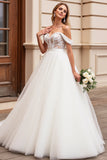 A Line Off The Shoulder Lace Appliqued lvory Wedding Dress