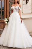 A Line Off The Shoulder Lace Appliqued lvory Wedding Dress