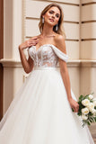 A Line Off The Shoulder Lace Appliqued lvory Wedding Dress
