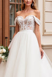 A Line Off The Shoulder Lace Appliqued lvory Wedding Dress