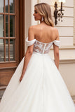 A Line Off The Shoulder Lace Appliqued lvory Wedding Dress