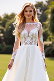 A Line Lace Appliqued Long Sleeves lvory Wedding Dress