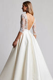A Line Half Sleeves lvory Lace Long Wedding Dress