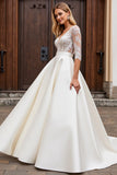 A Line Half Sleeves lvory Lace Long Wedding Dress
