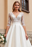 A Line Half Sleeves lvory Lace Long Wedding Dress