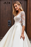 A Line Half Sleeves lvory Lace Long Wedding Dress