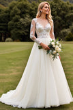 A Line Appliqued Long Sleeves lvory Pleated Wedding Dress