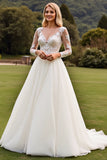 A Line Appliqued Long Sleeves lvory Pleated Wedding Dress