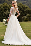 A Line Appliqued Long Sleeves lvory Pleated Wedding Dress