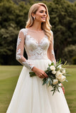 A Line Appliqued Long Sleeves lvory Pleated Wedding Dress