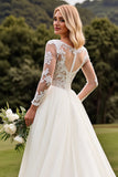 A Line Appliqued Long Sleeves lvory Pleated Wedding Dress