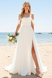 lvory A Line Off The Shoulder Long Wedding Dress with Slit