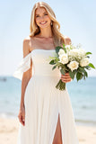 lvory A Line Off The Shoulder Long Wedding Dress with Slit