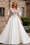lvory A Line Half Sleeves Appliqued Long Wedding Dress